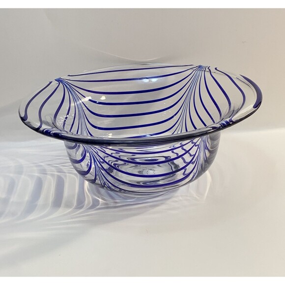 Clear Art Glass Bowl Blue Pulled Ribbon Swirls MCM Handmade Pontil Base Marked M - Picture 5 of 12
